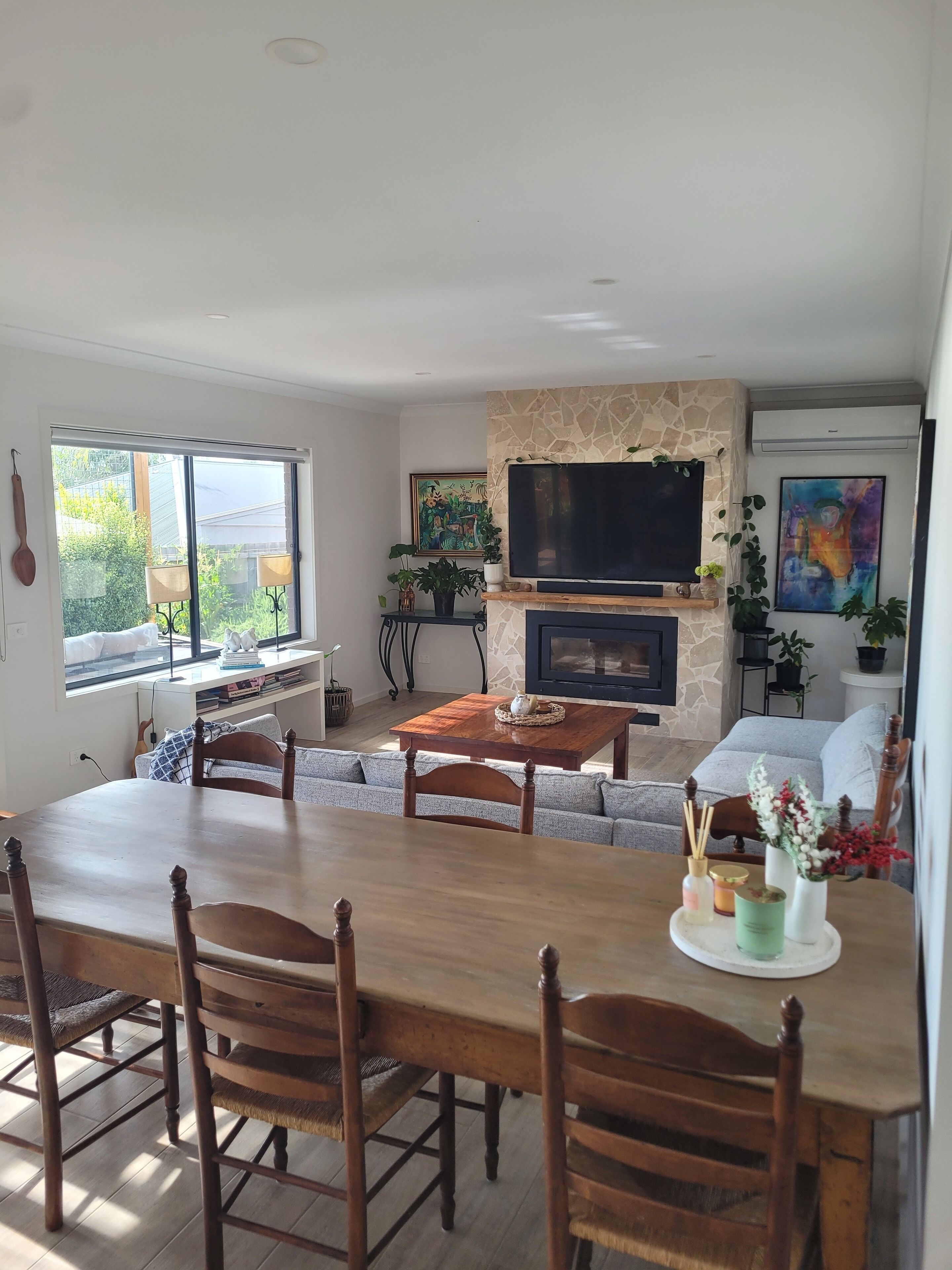 Smart TV, fireplace, books