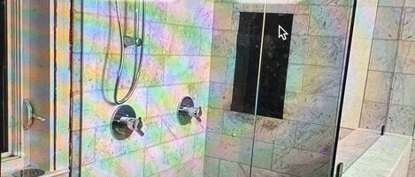 Hair dryer, towels, soap, toilet paper