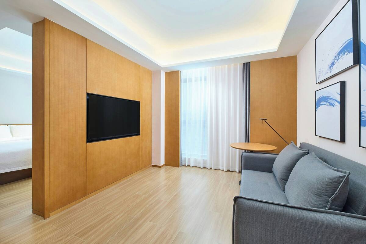 A modern hotel room with a flat-screen TV mounted on a wooden panel wall, a grey sofa, a small round table, and a large window with sheer curtains.