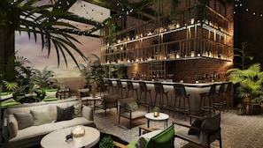 A bar area with a brick wall, multiple shelves of bottles, and bar stools.