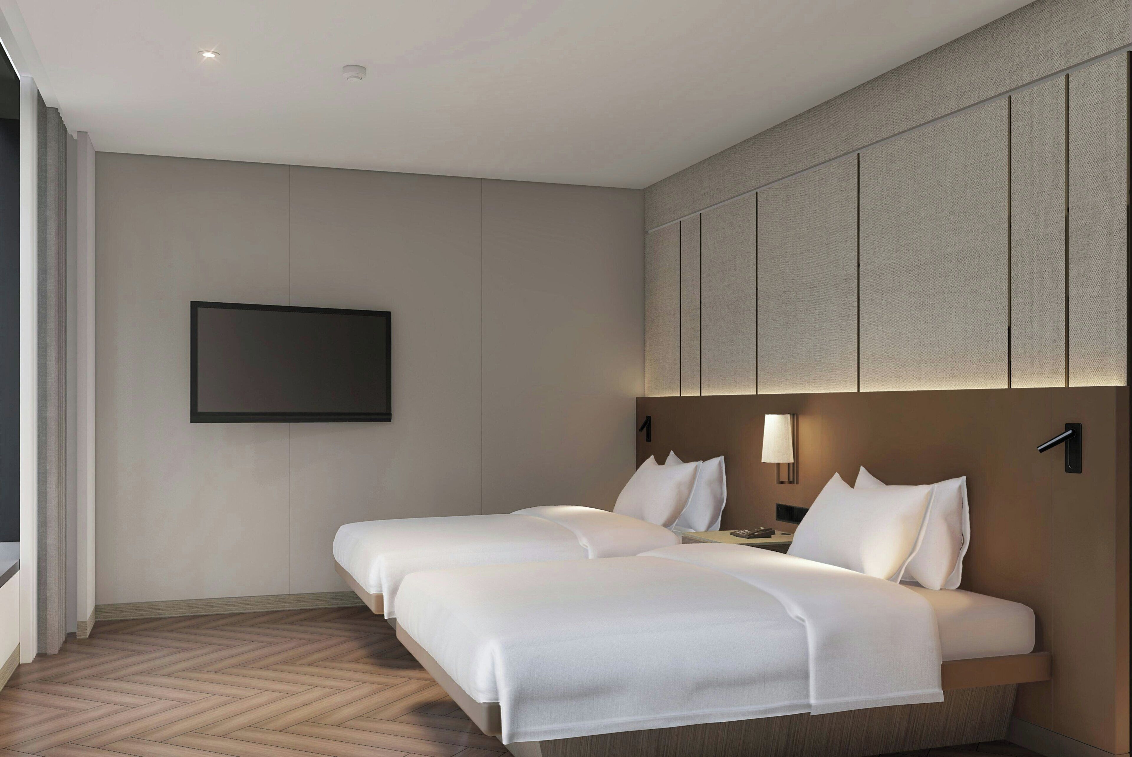 Quarto, 2 camas de casal, vista para a cidade