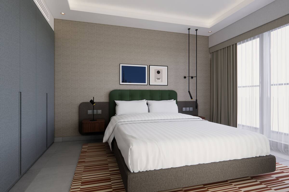 Studio, 1 Tempat Tidur King, pemandangan kota | Seprai premium, busa memori, brankas, dan meja kerja