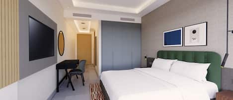 A modern hotel room with a large bed, a desk with a chair, a flat-screen TV, and a wardrobe.