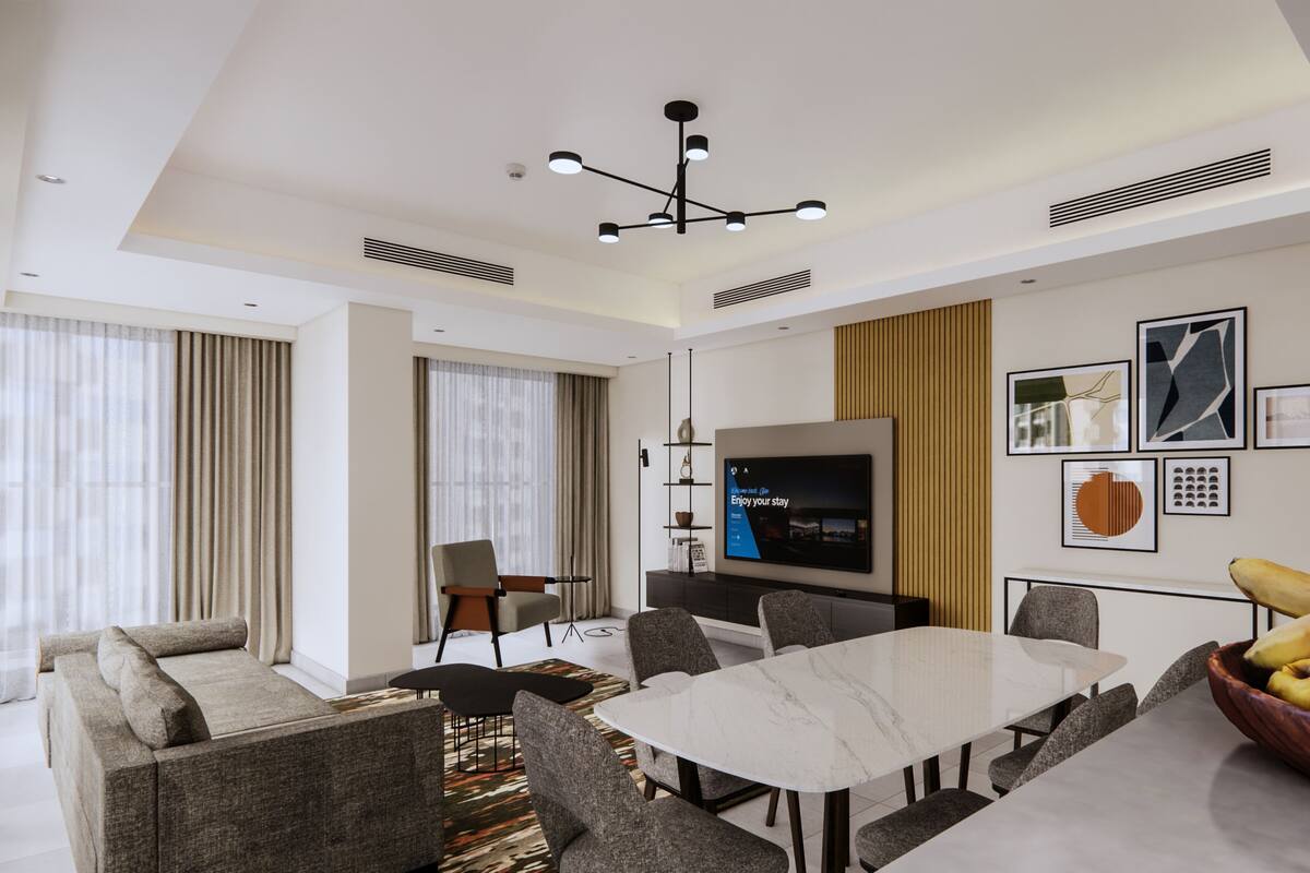 Apartemen, 2 kamar tidur | Seprai premium, busa memori, brankas, dan meja kerja