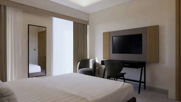 Apartamento luxo, 2 quartos | Cofres nos quartos, escrivaninha, espaço de trabalho para notebook