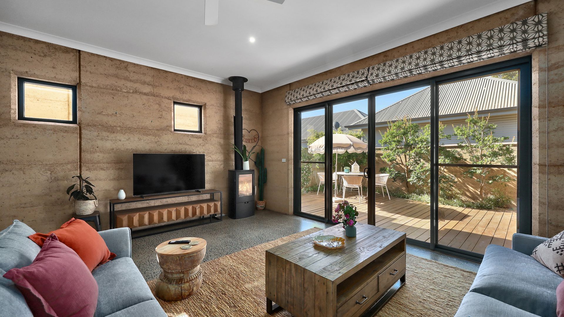 Smart TV, fireplace, books