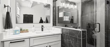 Hair dryer, bidet, towels, soap