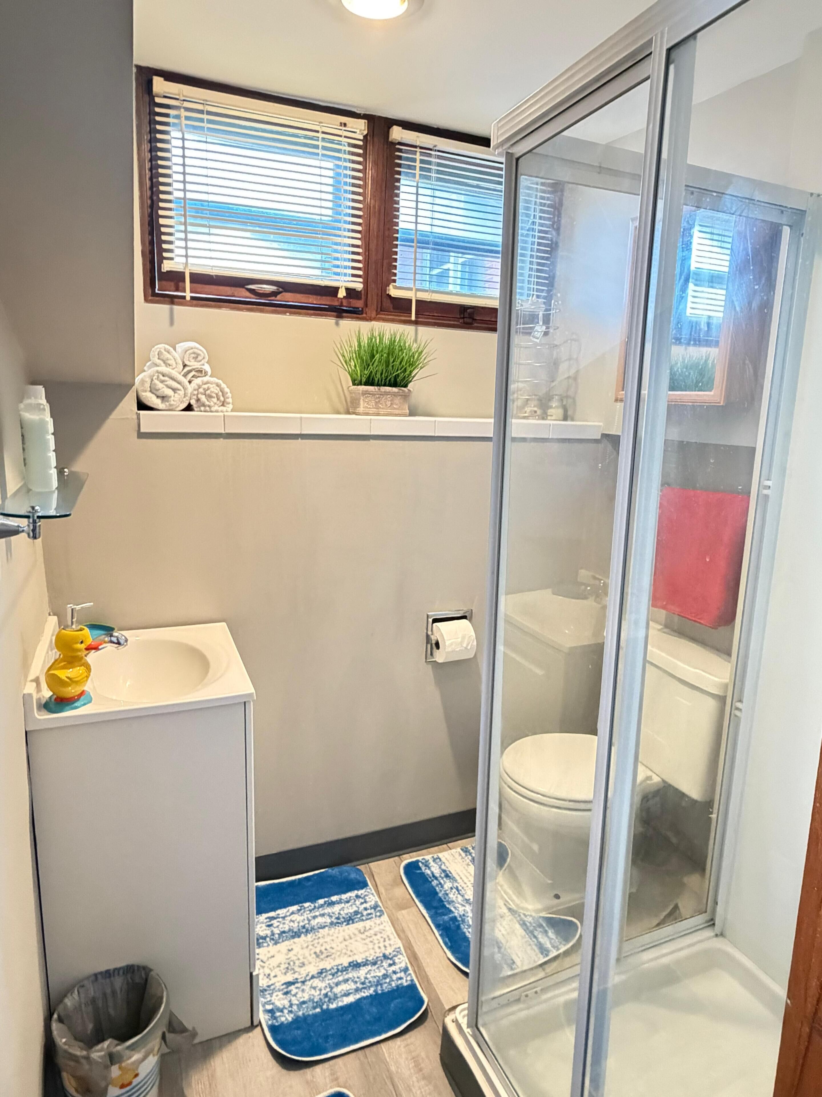 Un baño con cabina de ducha de vidrio, un lavamanos con un patito de goma, un inodoro y una ventana con persianas.