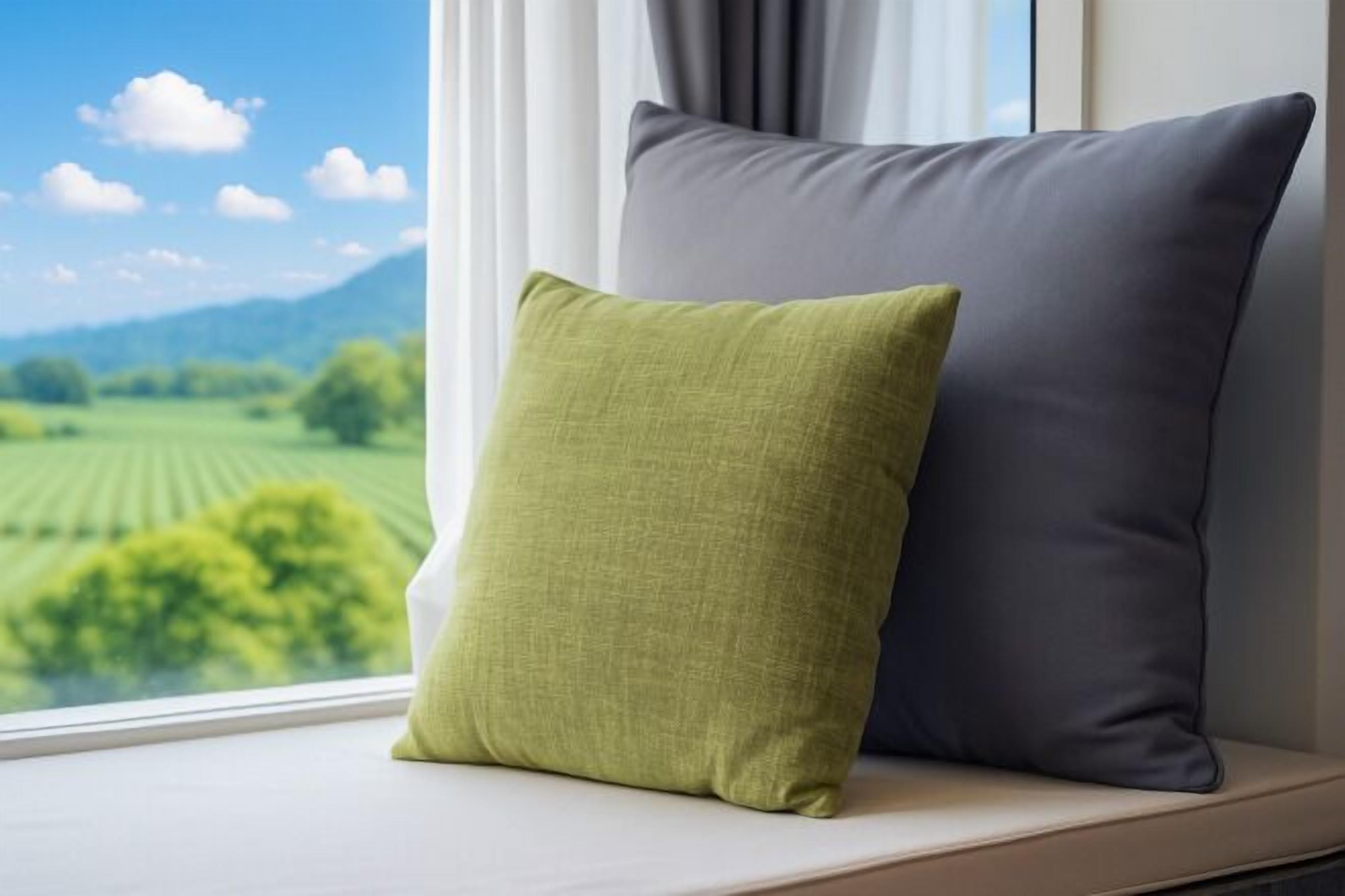 A window seat with two pillows, a view of a green landscape, and a clear sky.