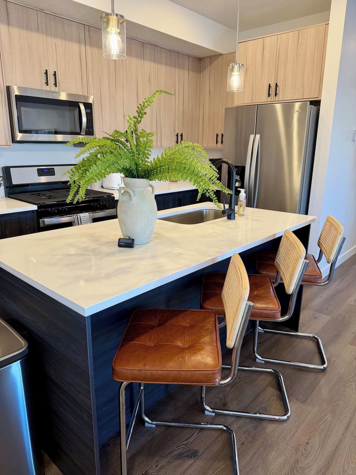 A modern kitchen with a central island, stainless steel appliances, and a potted plant.