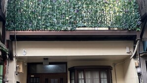 Un edificio con una puerta marrón oscuro, una ventana con cortina blanca y un pequeño balcón cubierto de follaje verde.