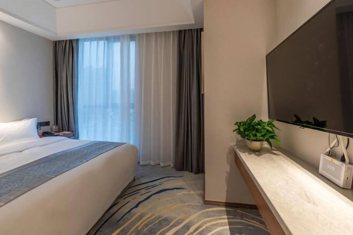 Habitación de hotel con cama, un ventanal con cortinas, televisor de pantalla plana, mesita de noche con planta y suelo alfombrado.