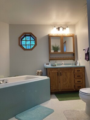 A bathroom with a bathtub, a sink with a mirror above, and a toilet.