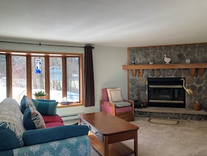 TV, fireplace, books - Home on Lake Huron with sandy beach and beautiful yards in Cheboygan, Michigan  (Cheboygan)