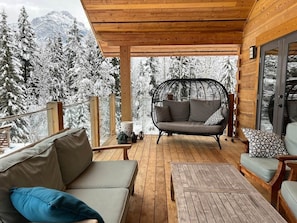 Smart TV, fireplace, books, video library