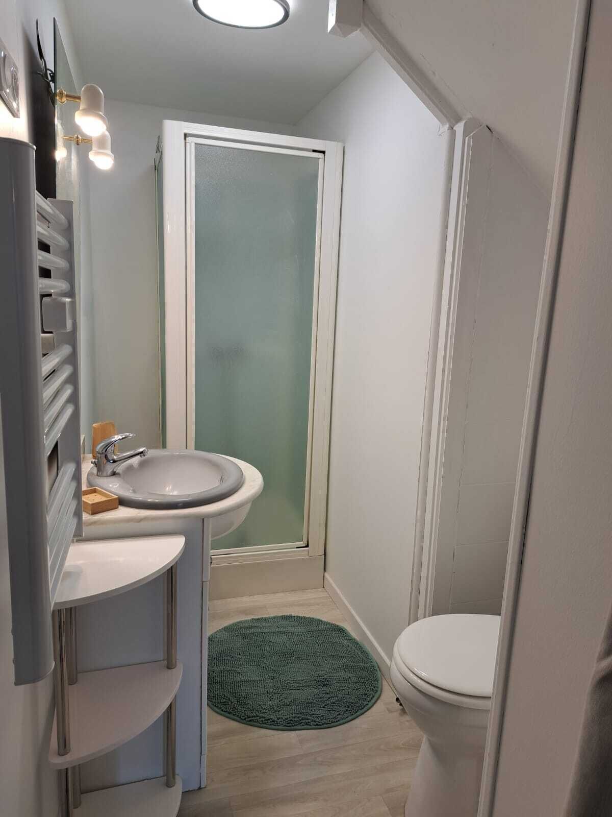 A compact bathroom with a white sink, a mirror, a towel rack, and a green bath mat.