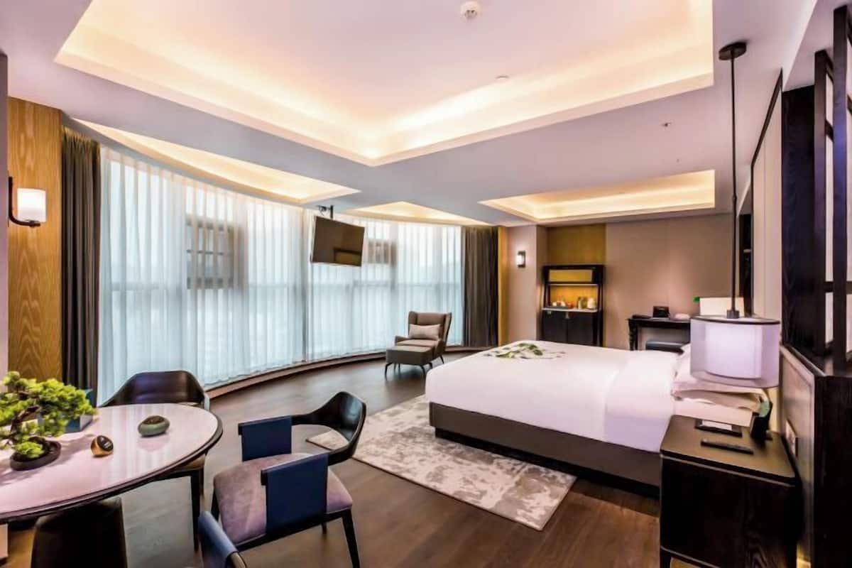 A modern hotel room with a large bed, a desk, a chair, a TV, and a plant.
