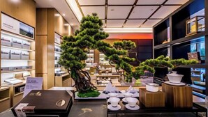 Un interior moderno con una exposición de juegos de té y un gran árbol artificial.