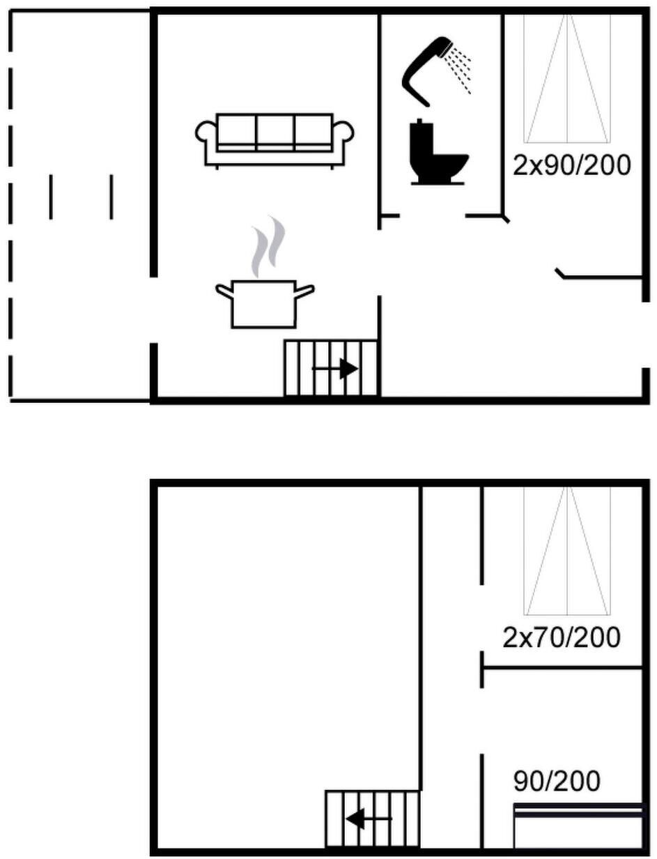 Ein Grundriss mit Wohnbereich, Küche und Bad. Der Wohnbereich umfasst eine Couch und einen Kamin. Die Küche ist mit Spüle und Herd ausgestattet. Das Badezimmer verfügt über eine Toilette und eine Dusche.