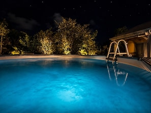 Ein Schwimmbad bei Nacht mit einer Leiter, umgeben von Bäumen und einem Gebäude.