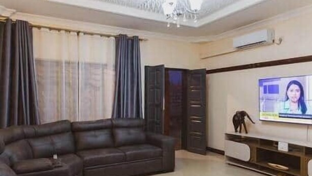 Un salon avec un canapé en cuir foncé, un téléviseur à écran plat et une statue d’éléphant décorative.