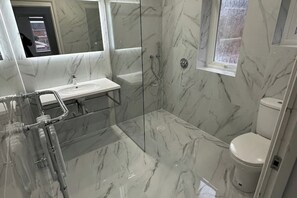 Chuveiro, secador de cabelo, toalhas de banho, papel higiênico