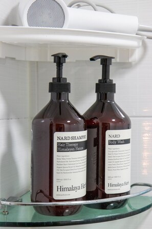 Ducha, secador de pelo, toallas y jabón