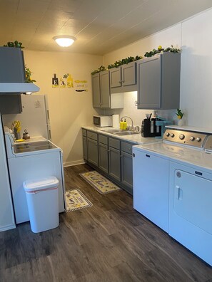 Frigorífico, microondas, horno y placa de cocina