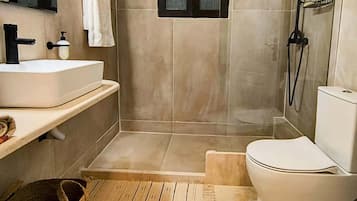 Shower, towels, soap, toilet paper