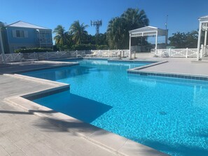 Une piscine d’un bleu éclatant, dotée d’une terrasse en bois, entourée d’une clôture en treillis blanc et de palmiers.
