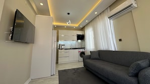 Una sala de estar moderna con un sofá gris, un televisor de pantalla plana montado en la pared, una zona de cocina con lavadora y un equipo de aire acondicionado.