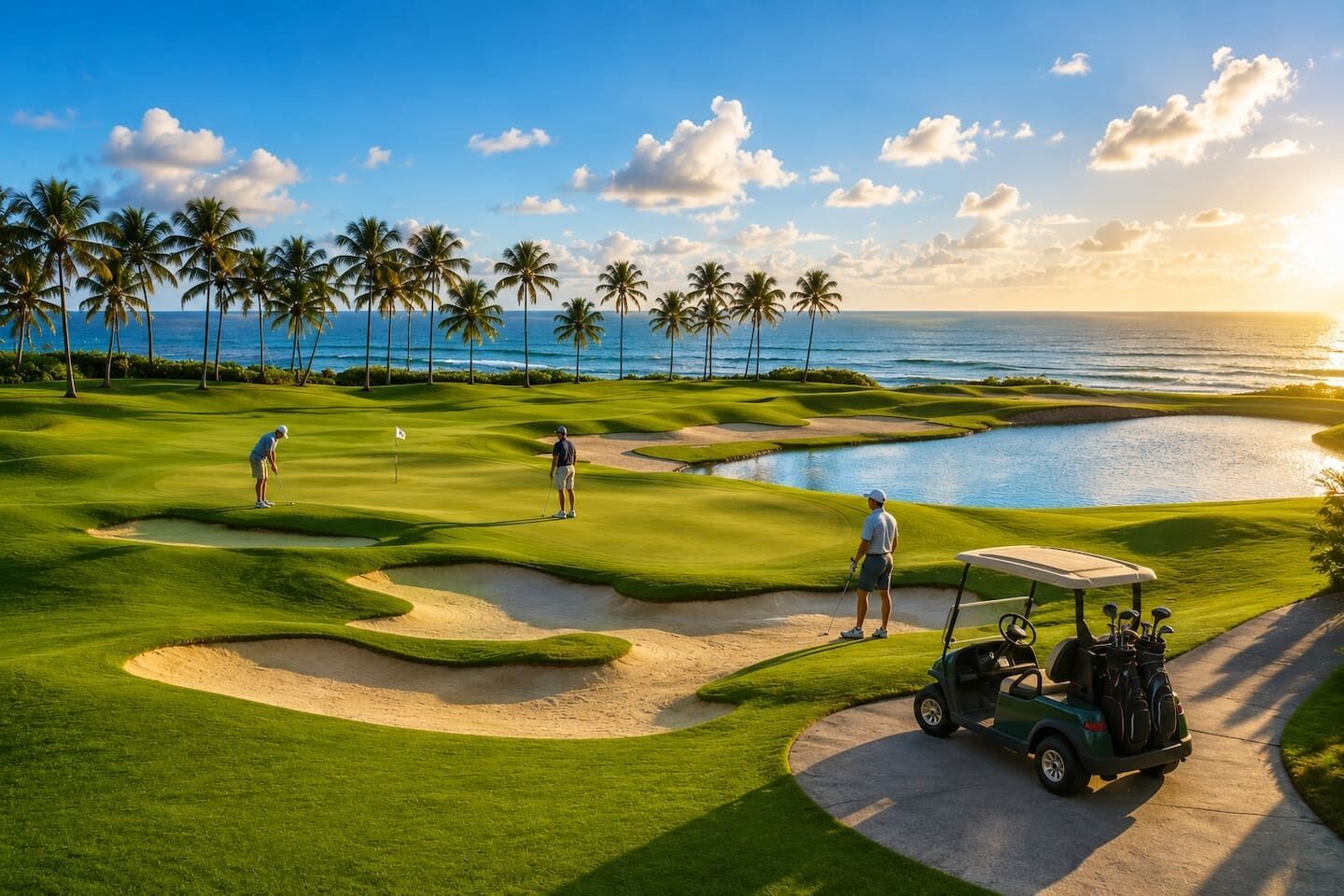 Un parcours de golf offrant une vue sur l’océan, avec des palmiers et un chariot de golf.