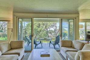 TV, fireplace, books