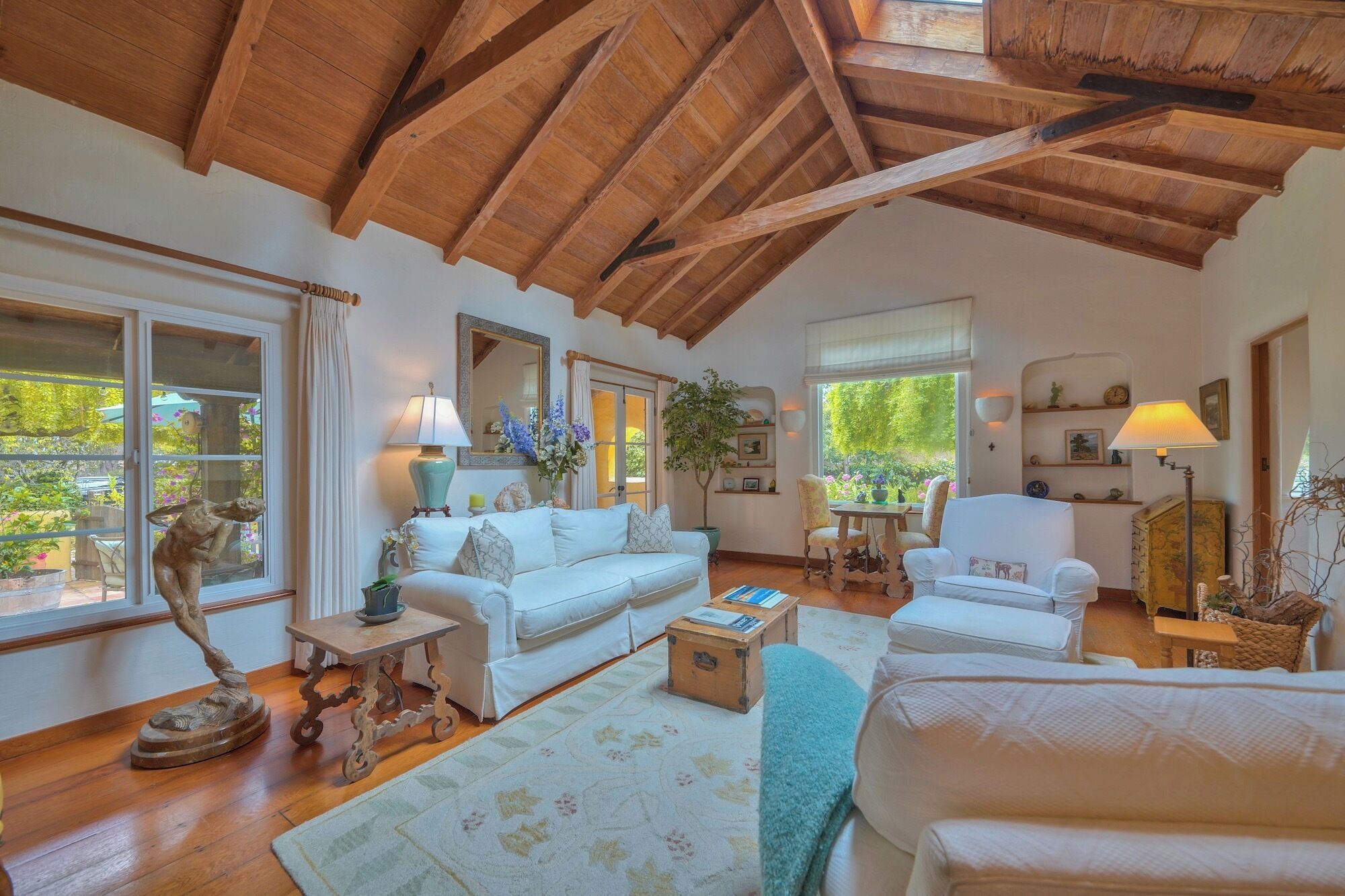 TV, fireplace, books