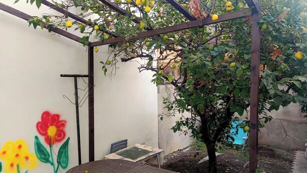 Um espaço coberto ao ar livre com pérgola, uma mesa e um muro com um mural de flores.