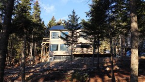 A two-story cabin surrounded by a forest with a clear sky.