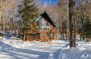A log cabin with a wooden deck and large windows, surrounded by trees and snow.