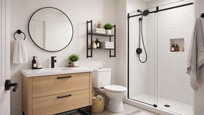 Ein modernes Badezimmer mit einem Holzbadezimmerhocker, einem runden Spiegel, einer Toilette und einer Duschkabine.
