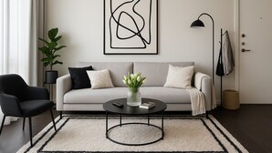 Ein modernes Wohnzimmer mit einem grauen Sofa, einem schwarzen Sessel, einem runden Couchtisch mit einer Blumenvase, einer schwarzen Stehlampe und einem gerahmten abstrakten Kunstwerk an der Wand.