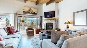 TV, fireplace - NEW! Chateau Doex #8 3-Bedroom Condo with Pool and Mountain view (Mammoth Lakes)