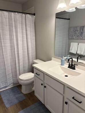 A bathroom with a toilet, a sink with a mirror, and a shower curtain. - Harbor Splash | Steps to Indoor Pool (South Haven)