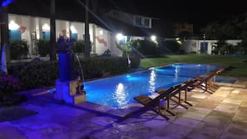 Outdoor pool, pool umbrellas, pool loungers