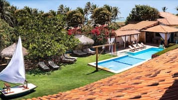 Outdoor pool, pool umbrellas, pool loungers