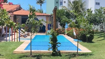 Outdoor pool, pool umbrellas, pool loungers