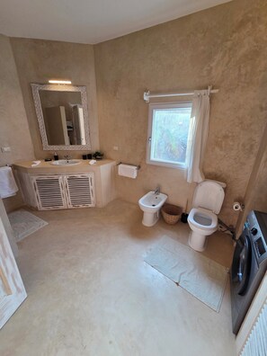 Regadera, secadora de cabello, bidet, toallas 
