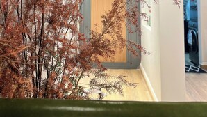 A modern interior with a hallway leading to a wooden door, a plant with reddish leaves, and a green bench. - Cozy 1BR with balcony and Nguyen Hue Walking Street view (Thành phố Hồ Chí Minh)