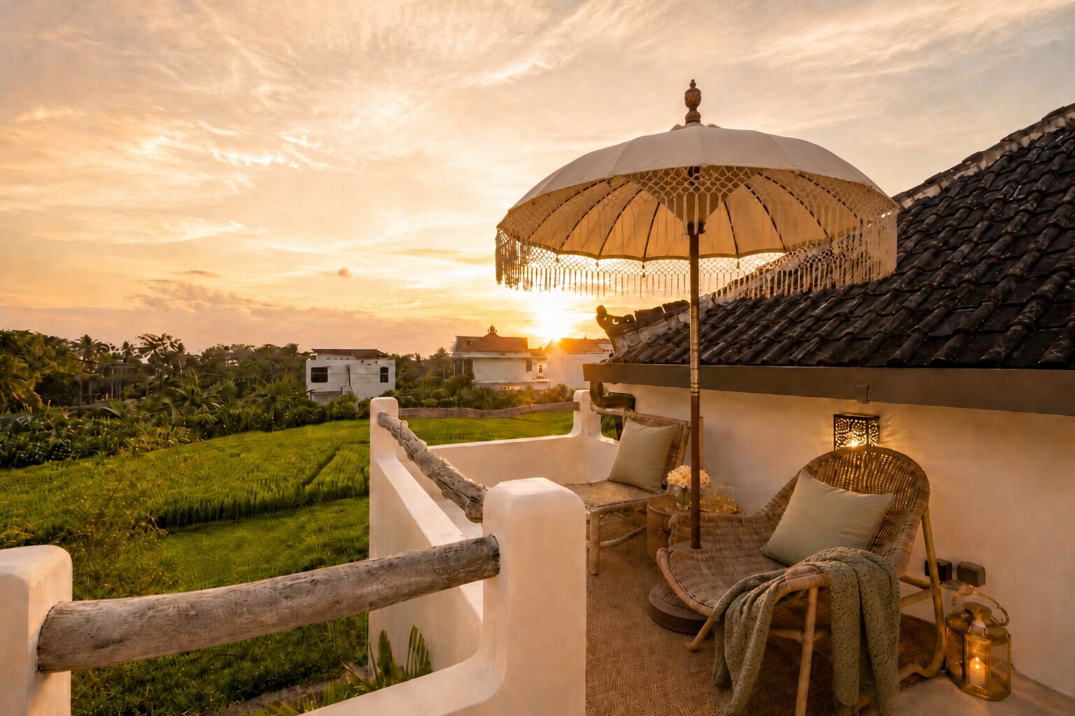 A balcony with a view of a rice field, a wicker chair, a table with a lantern, and a decorative umbrella.