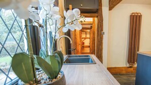 Una cocina moderna con encimera de madera, un lavamanos y una planta en maceta.