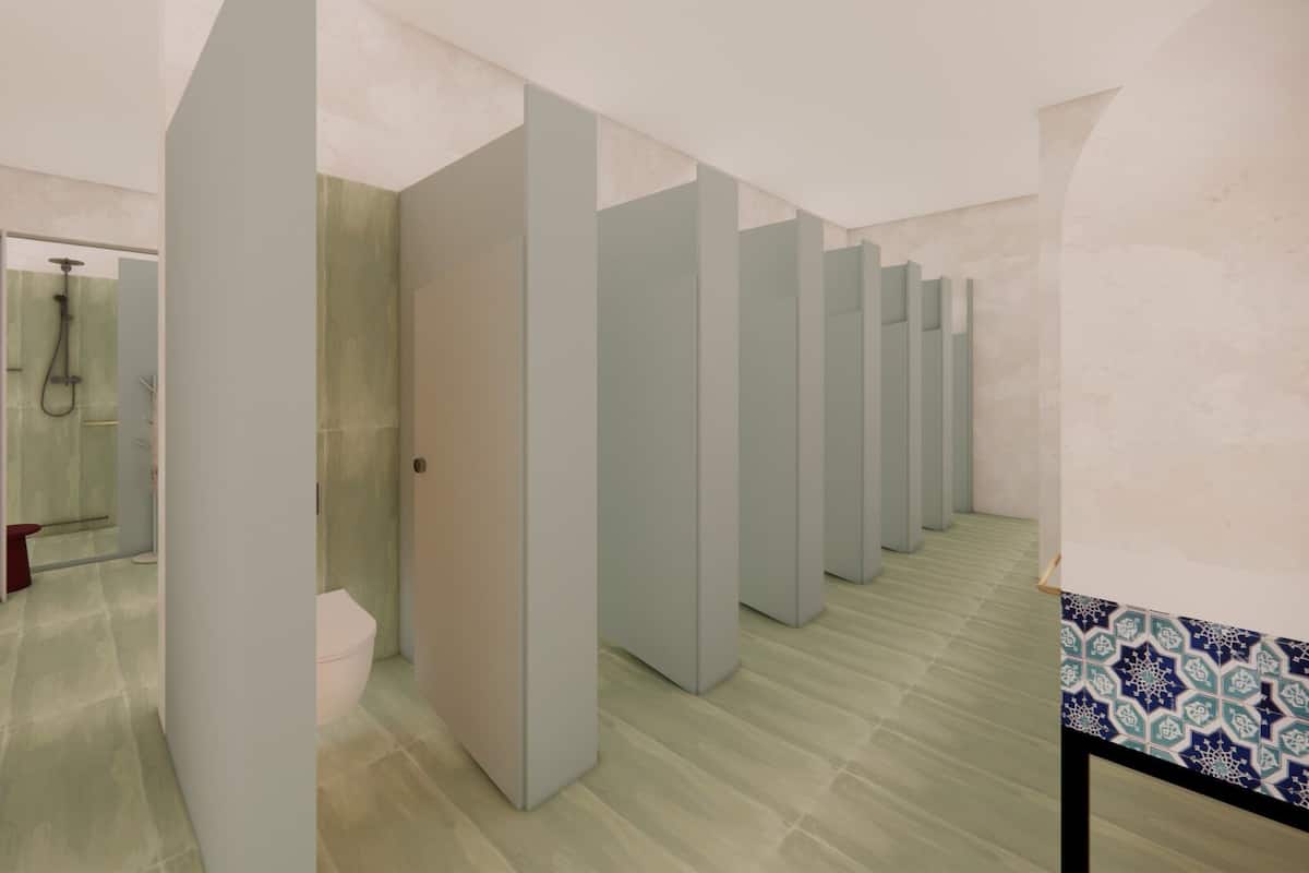 Dormitório compartilhado econômico, vista para o pátio | Banheiro | Chuveiro, secador de cabelo, toalhas de banho, sabonete