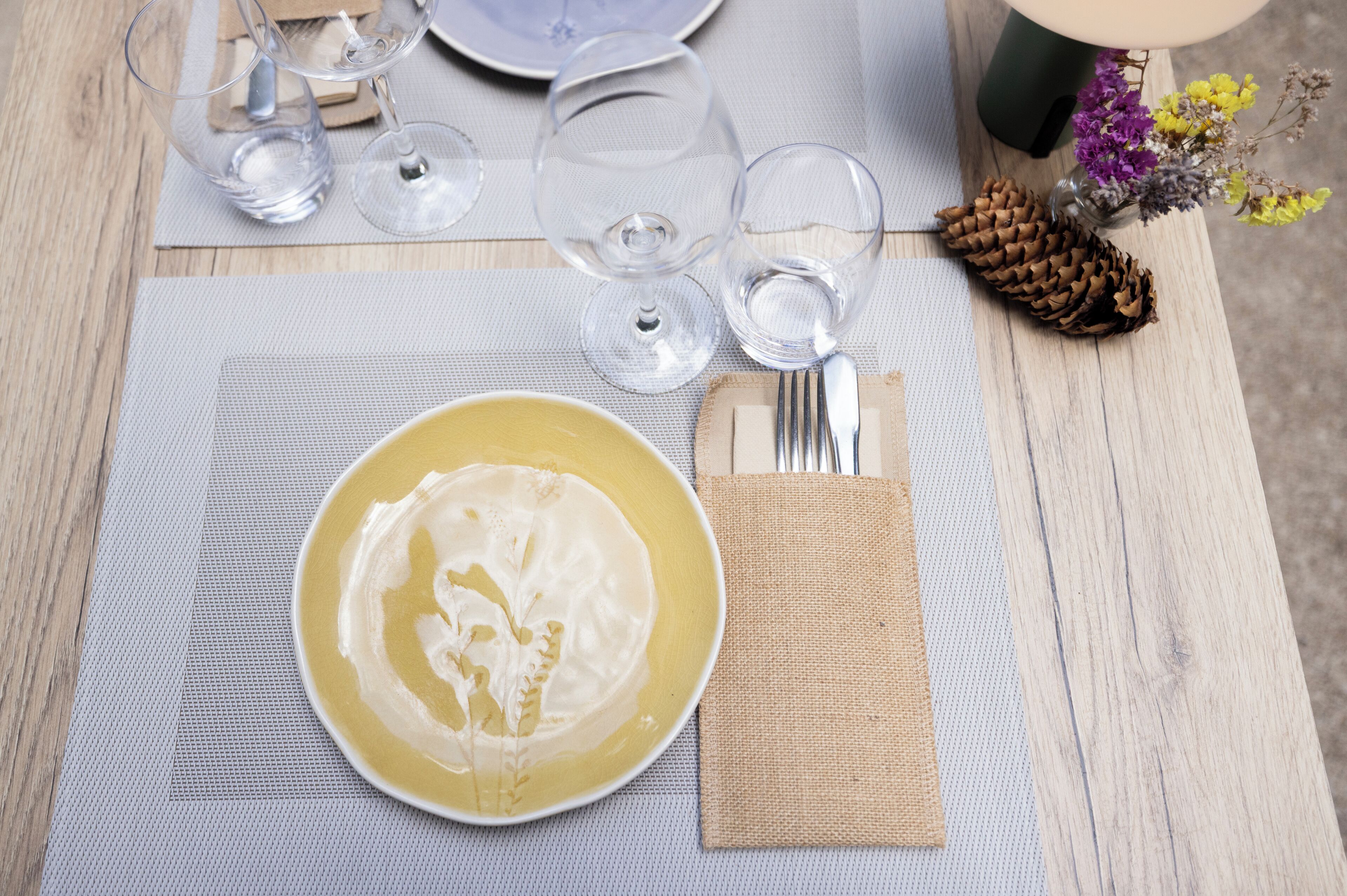 A table set with a plate of food, a glass of water, and a napkin.
